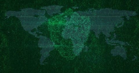 Animating green cyber pulse world map forming dot-matrix continents and network cloud