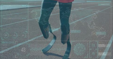 Teenage Athlete Running on Track with Sci-Fi HUD Overlay