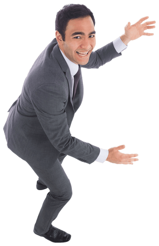 Transparent background with businessman in grey suit exuding optimism