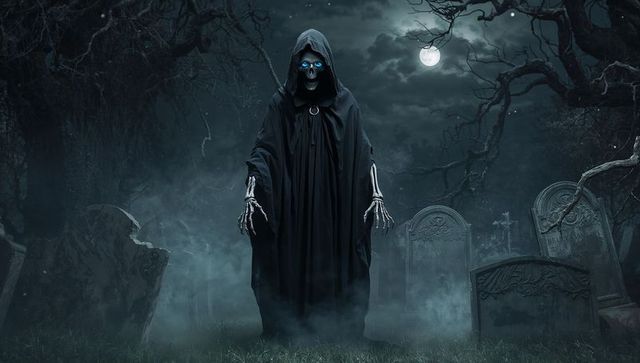 Hooded skeleton haunting cemetery under moonlight