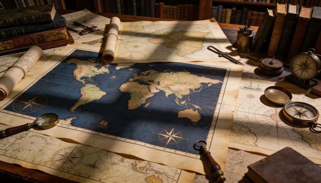 Vintage nautical world map with brass compass, magnifying glass and antique navigation tools