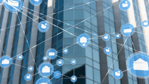 Digital Network Icons Overlay on Skyscraper Background