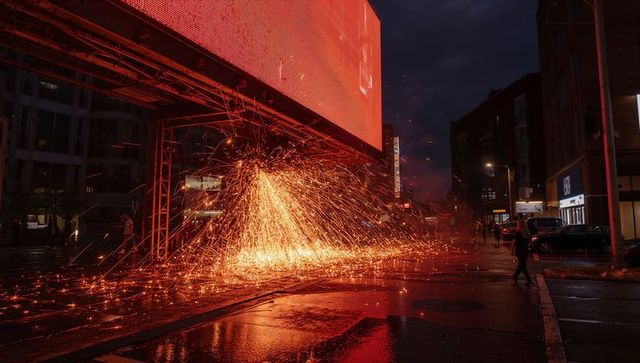 Molten Sparks Cascading Across Wet Night Street Under Illuminated Billboard Structure