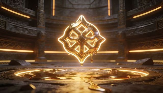 Floating molten gold sigil dripping into ornate ceremonial platform with carved pillars
