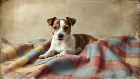 Terrier dog relaxing on plaid blanket, cozy vintage setting