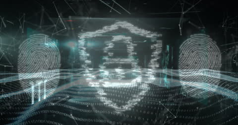 Digital Security Animation with Shield and Fingerprints in Cyber Landscape