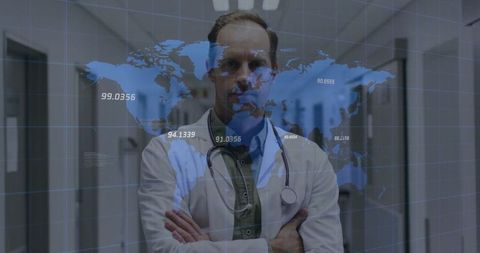 Confident Doctor with Digital Data Visualization Over Medical World Map