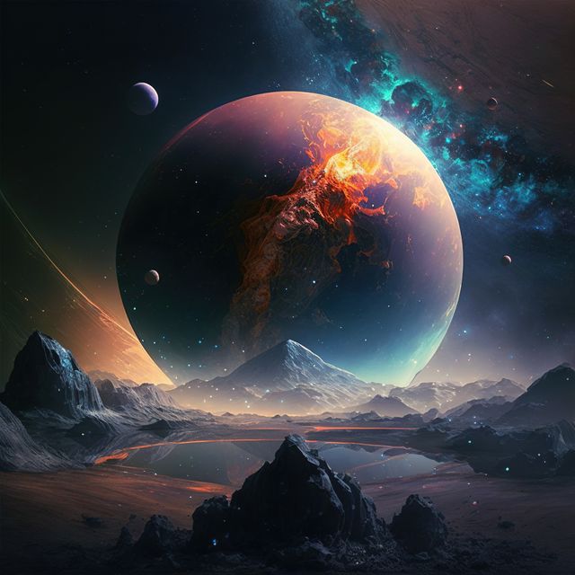 This stock image portrays a breathtaking alien landscape under a dramatic scene of an exploding planet surrounded by galaxies and nebula. The rocky terrain with sharp peaks and valleys elements add a mystic and surreal vibe. Perfect for book covers, science fiction illustrations, wallpapers, fantasy art projects, and any imaginative works set in an extraterrestrial or futuristic setting.