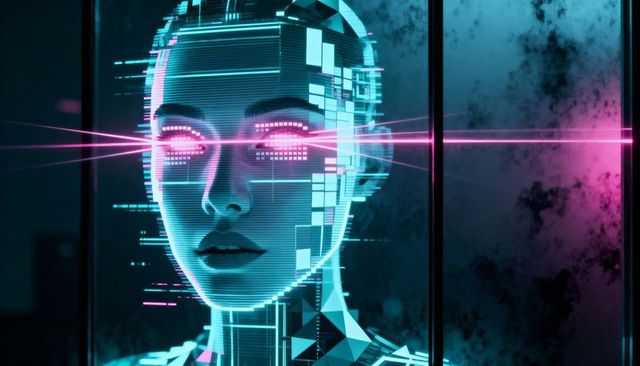 Holographic Cybernetic Avatar Head Emitting Neon Magenta Beam Through Glass