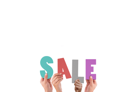 Hands holding colorful sale text on transparent background