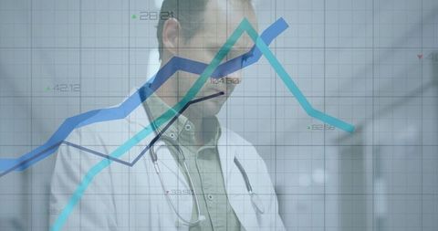 Doctor Analyzing Data with Medical and Market Graphs