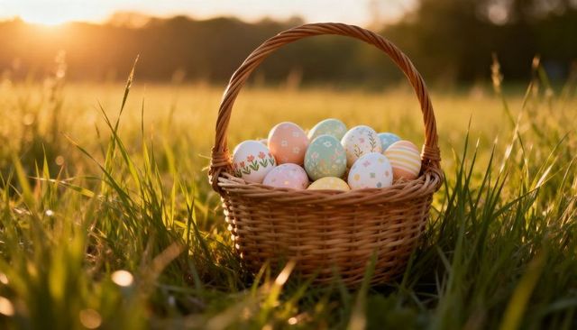 Wicker basket holding pastel easter eggs in golden hour meadow with sun flare