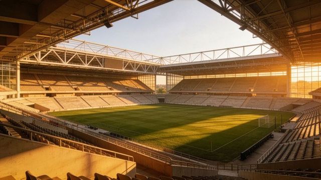 Bathing empty modern football stadium in warm golden sunset light with roof trusses