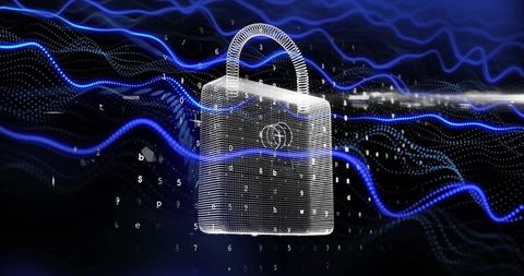 Digital Padlock and Neon Data Waves Symbolizing Cybersecurity