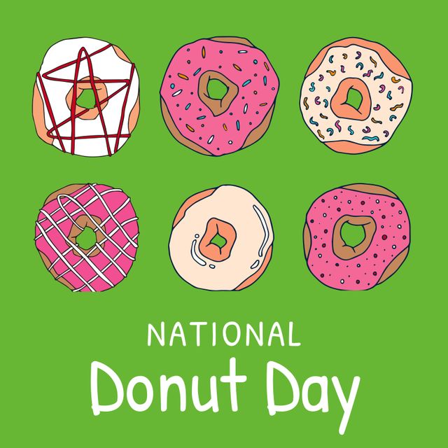 Digital composite image of national donut day text by various sweets on green background. vector, celebration, sweet and unhealthy food concept.