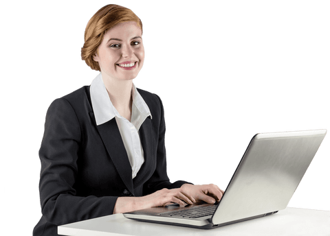 Confident redhead businesswoman at laptop on white background