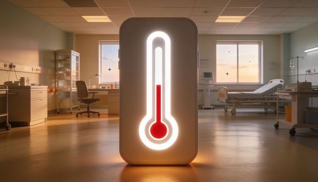 Glowing freestanding thermometer in hospital room showing high temperature digital readout