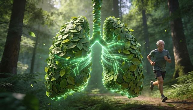 Floating glowing leafy lungs pulsing neon veins beside senior jogging on forest trail