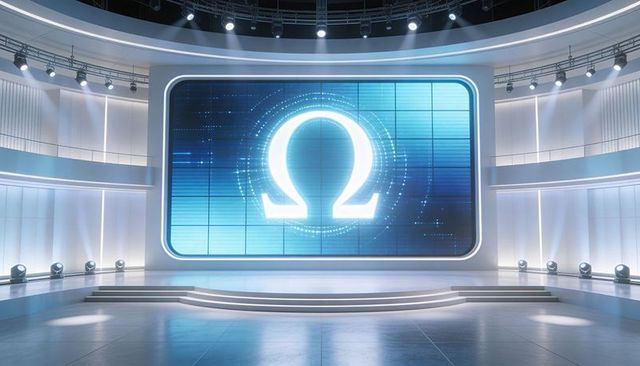 Curved led wall displaying omega symbol on futuristic semicircle stage with truss lights