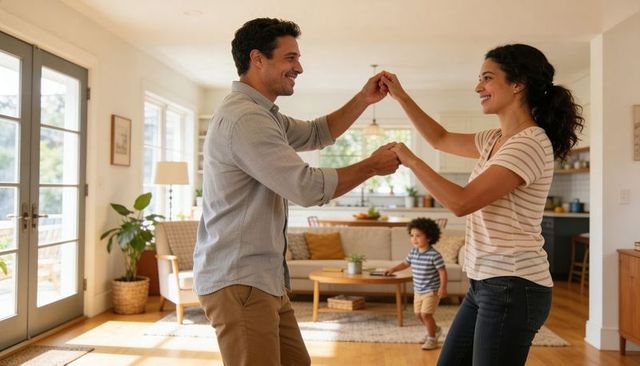 Couple dancing and smiling in bright living room while toddler plays, cozy family moment