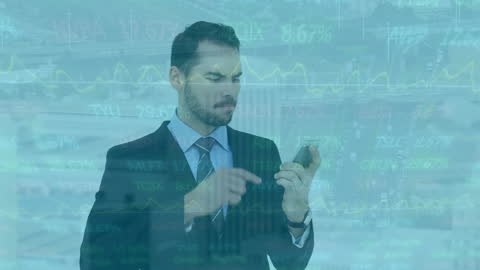 Businessman Engaged in Phone Call with Financial Graph Overlays