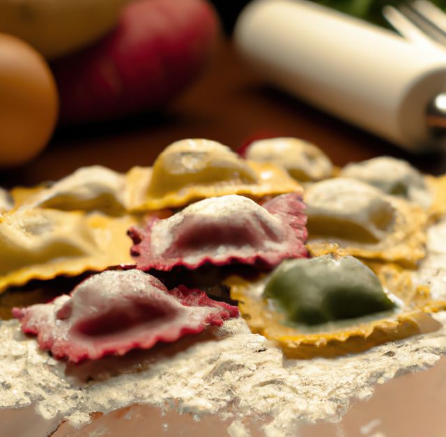 Close up of multiple ravioli and flour created using generative ai technology. Cooking and food concept, digitally generated image.