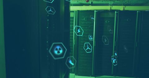 technology icons floating in industrial server room - Download Free Stock Images Pikwizard.com