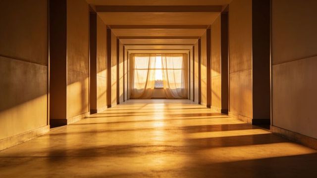 Sunlit repeating corridor with sheer curtains and golden-hour shadows