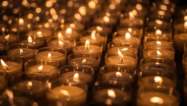 Votive Candles Flickering in Glass Holders Casting Warm Amber Light for Vigil Reflection