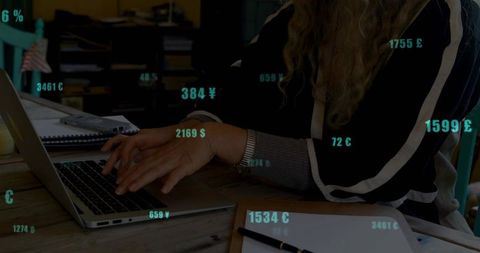 Freelancer typing laptop with floating currency overlays representing online finance and remote work