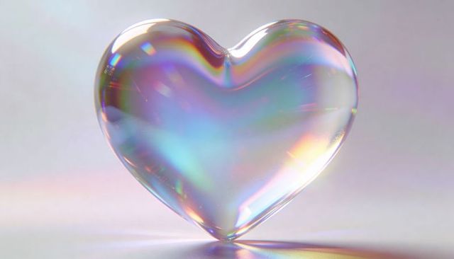 Iridescent glass heart prism glowing pastel reflection on smooth reflective surface