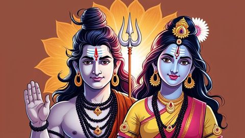 Divine Deities with Trident and Lotus Halo Offering Blessings