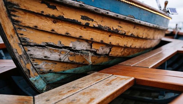 Weathered wooden boat hull peeling yellow and green paint showing rustic patina, texture