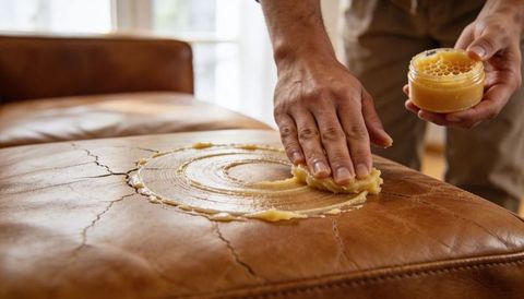 Applying leather conditioner wax restoring cracked brown leather sofa cushion by hand