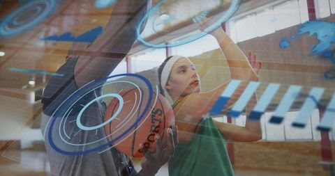 Basketball player training with coach using augmented reality performance overlays