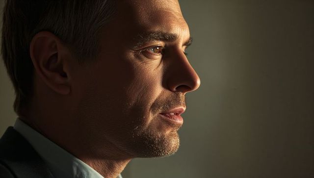 Contemplative profile portrait of middle-aged man with stubble and warm side lighting