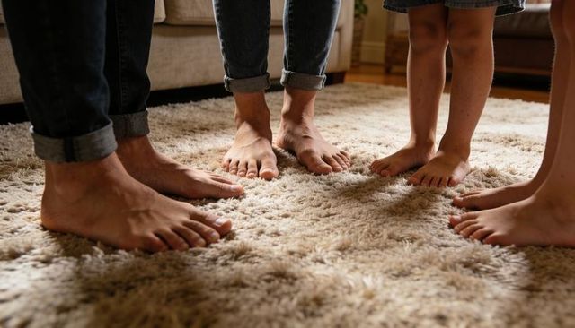 Family standing barefoot on shaggy beige rug in cozy living room, rolled-up jeans and kids