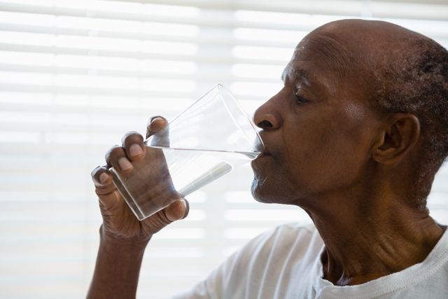 Senior man drinking water from a glass, emphasizing hydration and healthy lifestyle. Ideal for use in health and wellness articles, senior care promotions, and home living blogs.