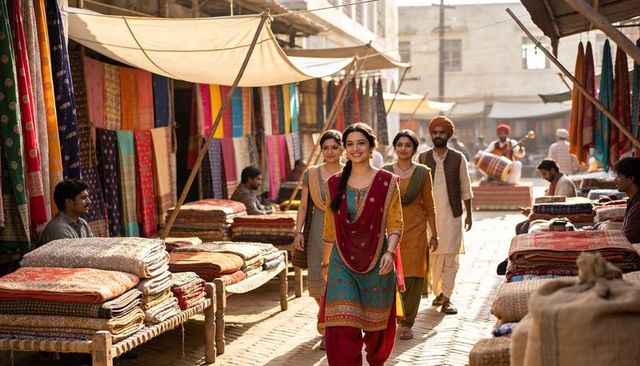 Young indian woman walking through sunlit textile bazaar with colorful rugs and musicians