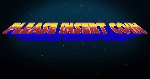 Retro arcade please insert coin neon gradient typography