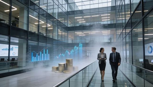 Walking business executives on glass bridge with rising financial charts and coin stacks