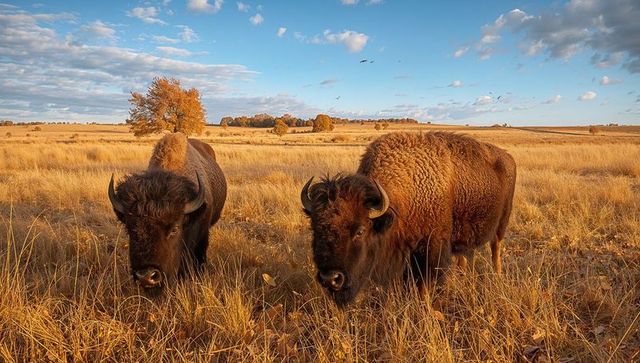Grazing bison roaming golden prairie at sunset with flying birds