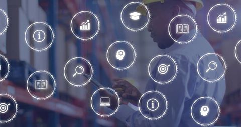 Warehouse Technician Holding Tablet and Monitoring Inventory with Analytics Icons