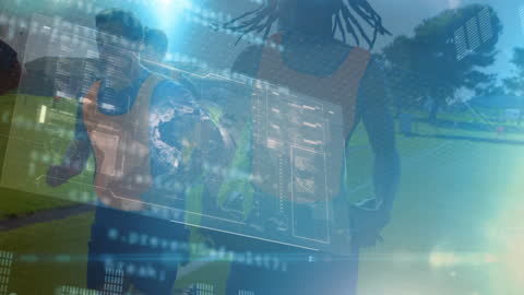 Male Soccer Players Running with Futuristic Technology Overlay
