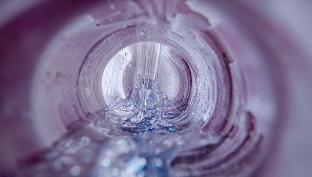 Pouring clear water into transparent bottle creating droplets, ripples and reflections