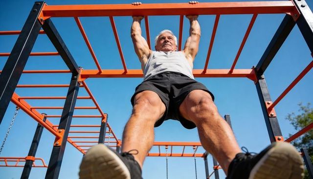 Senior man hanging on monkey bars doing strength and mobility training outdoors