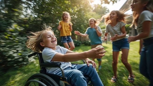 Joyful children playing catch outdoors with friend in wheelchair