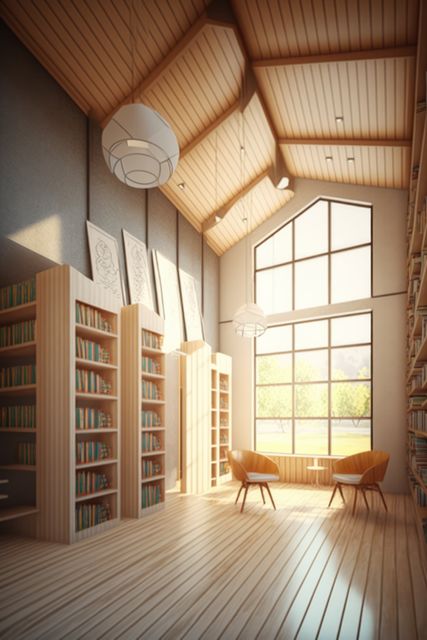 A modern library interior features wooden bookshelves lining the walls, large windows allowing natural light to flood the room, and a cozy seating area with stylish chairs. This setting is ideal for depicting themes of reading, studying, relaxation, and knowledge acquisition. It is perfect for illustrating articles on modern interior design, educational themes, and lifestyle pieces focused on creating peaceful study environments.