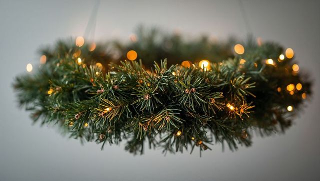 Hanging Evergreen Wreath with Warm String Lights and Soft Bokeh for Holiday Decor