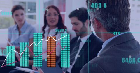 Diverse business team analyzing digital financial data charts